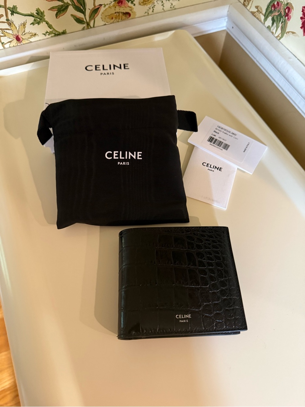 CELINE Black Crocodile-Embossed Calfskin Bi-Fold Wallet with Coin Compartment